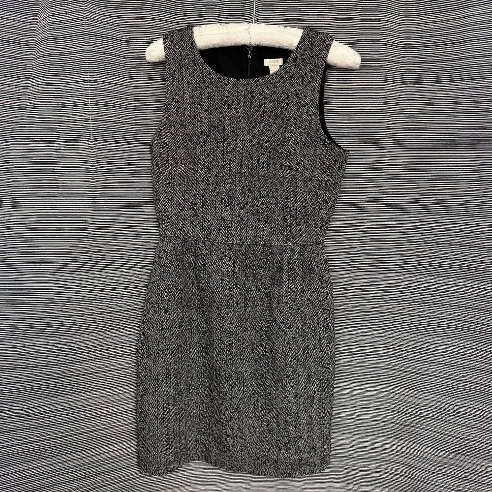 J Crew Sleeveless Poly/Wool Dress in Black/White Herringbone Size